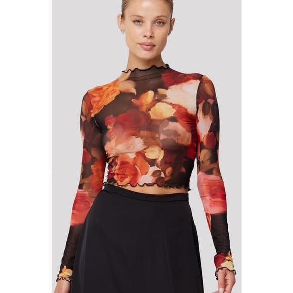 RESA Ida Top Size L Muse NWT Soft Mesh Dark Floral Lettuce Hem Cropped Mock Neck - Picture 1 of 8